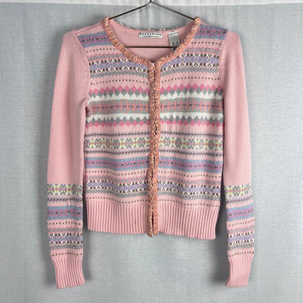 Vintage Grannycore Cardigan Pink Fair Isle Sweater Coquette Cottagecore Grandma